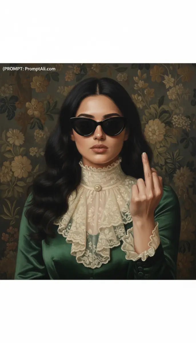Woman in Victorian Dress Wearing Sunglasses and Giving Middle Finger
