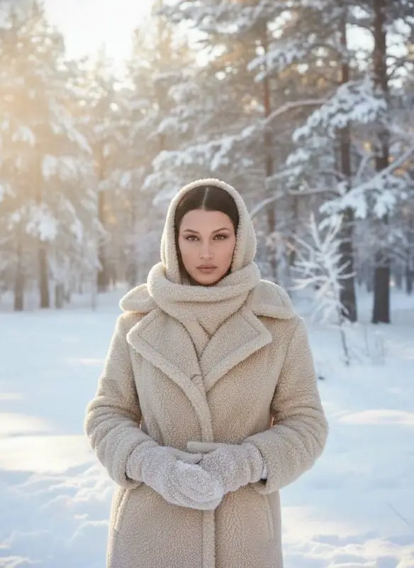 Elegant woman in cream hooded winter coat in snowy forest