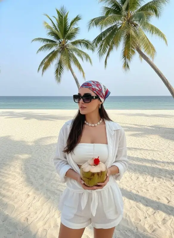 Woman Enjoying Tropical Beach Vacation with Fresh Coconut Drink