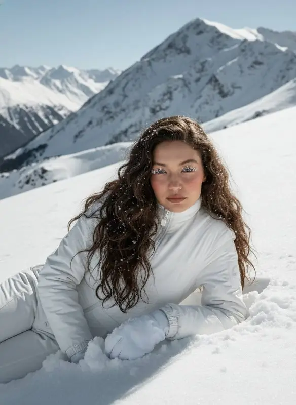 Fashionable woman in white ski gear posing on snowy mountain