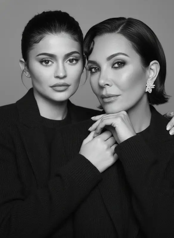 Black and white studio portrait of elegant mother and daughter