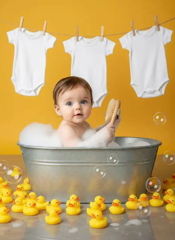 Cute Baby Having Bubble Bath with Yellow Rubber Ducks