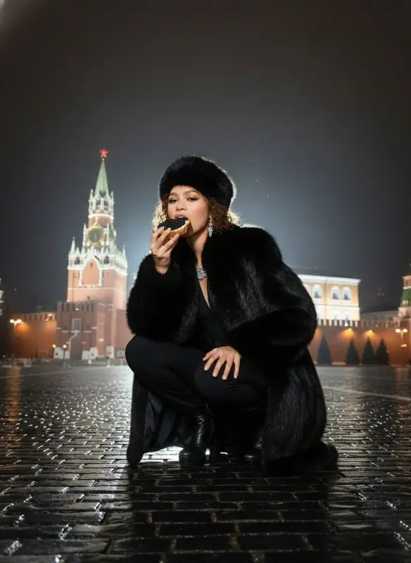 Woman in black fur coat eating caviar in Red Square