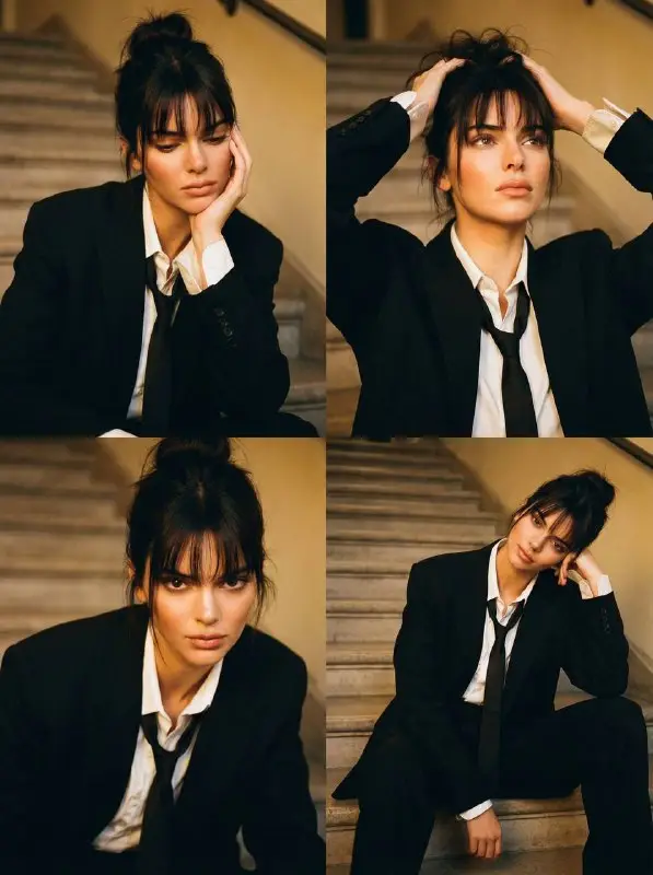 Stylish young woman in black suit and tie portrait collage