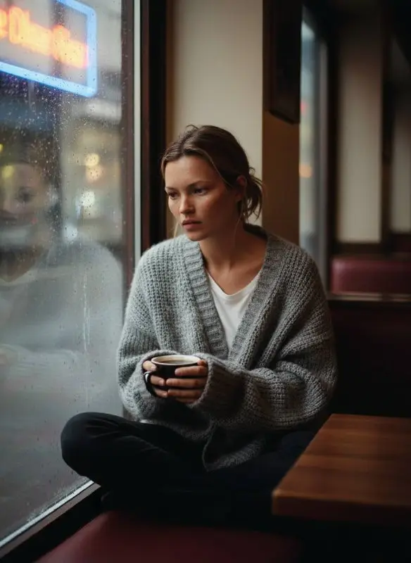 Pensive woman in grey cardigan drinking coffee by rainy window