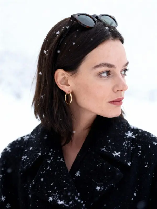 Woman in Black Coat Standing in Falling Winter Snow Portrait