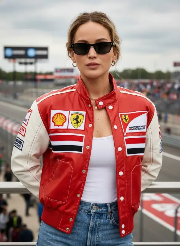 Fashionable woman wearing a red race car jacket at a circuit