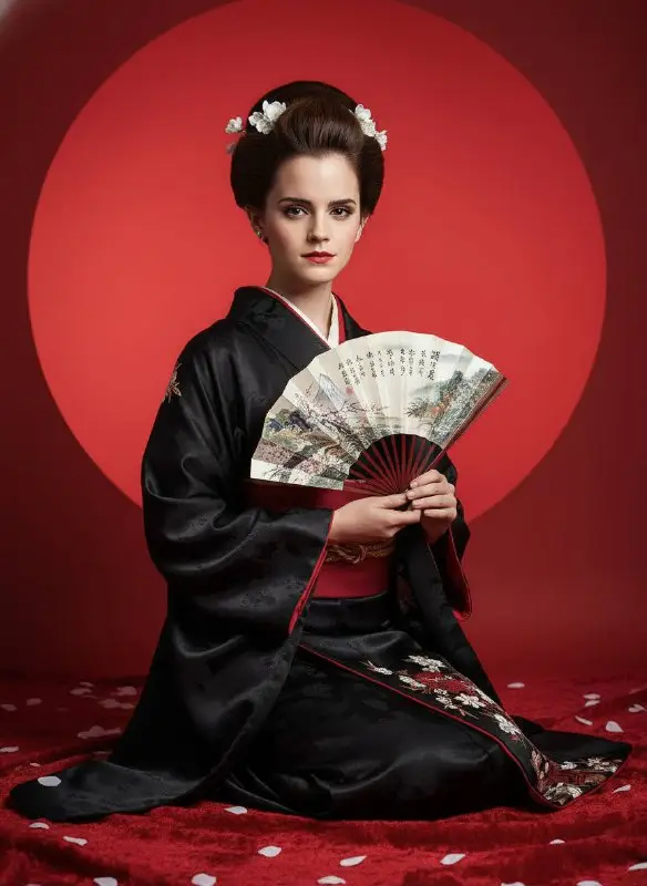 Woman in black traditional kimono holding a fan against red circle
