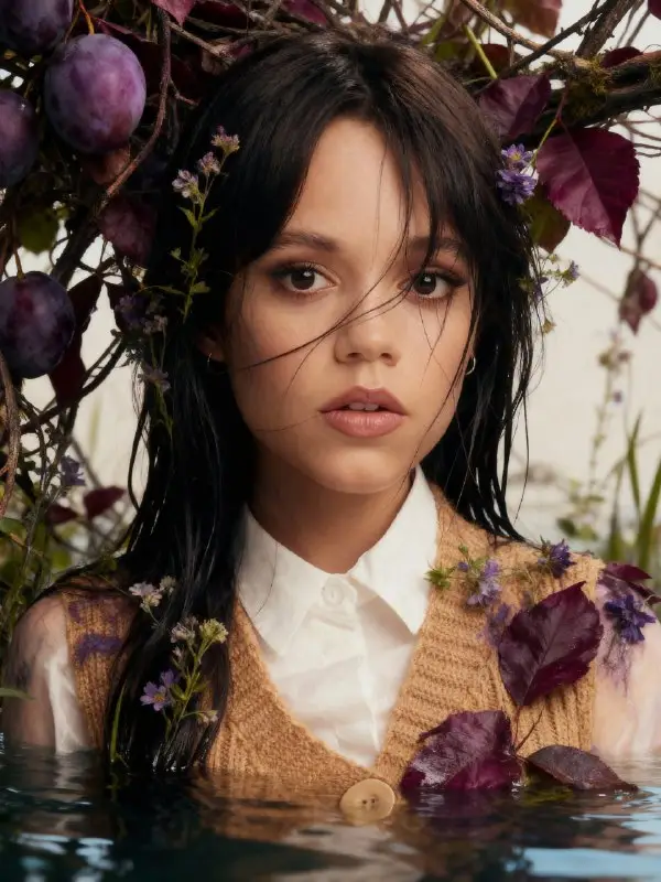 Moody aesthetic woman partially submerged in water with purple plums