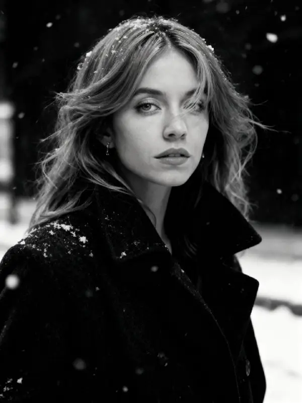 Black and white portrait of a woman in winter snowfall