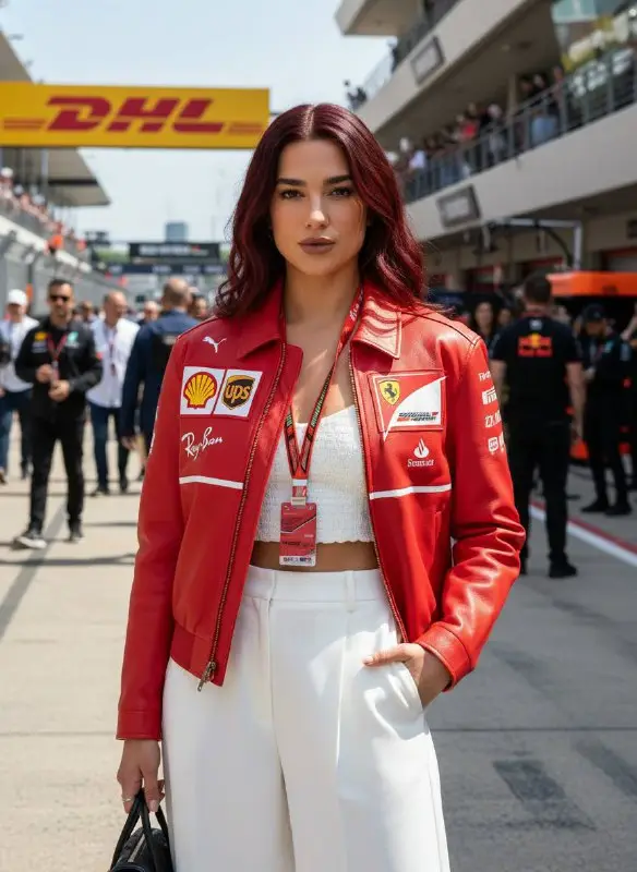 Woman in red racing jacket at Formula 1 race track