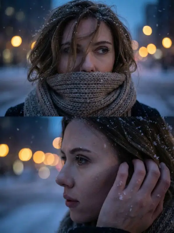 Cinematic Winter Portrait of a Woman in Snowy City