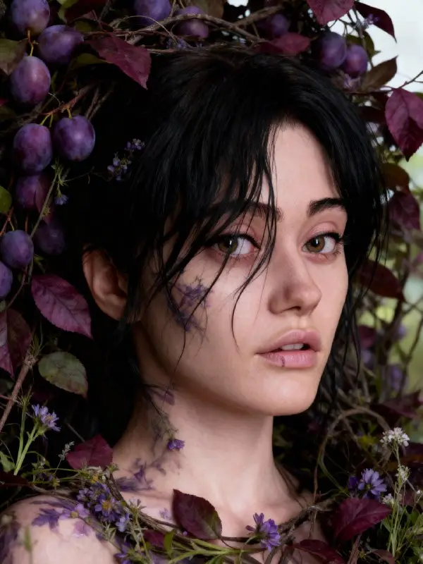 Moody Portrait of a Woman Framed by Dark Purple Grapes