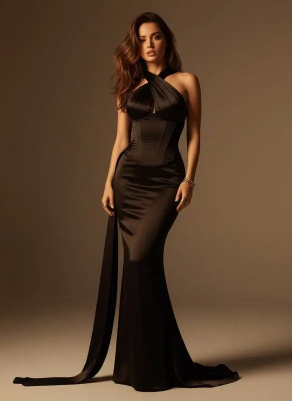 Elegant woman in a glamorous black satin corset evening gown