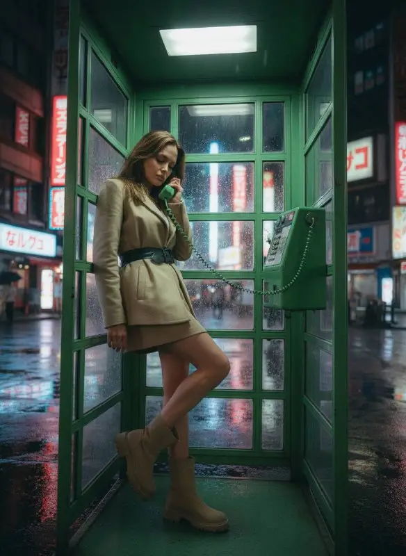 Woman in green phone booth on rainy city street at night