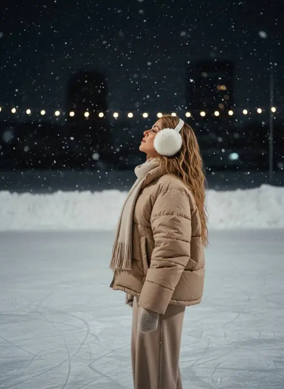 Peaceful Winter Portrait of Woman Ice Skating During Snowfall