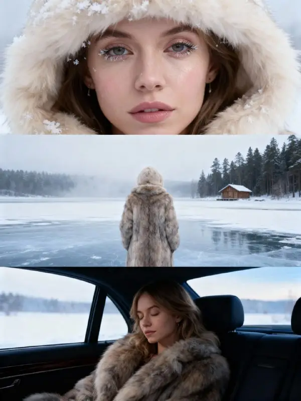Young woman in fur coat in snowy winter landscape collage