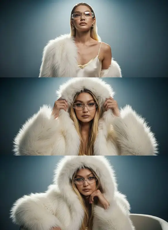 High fashion portrait of woman in white faux fur coat