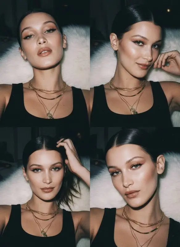 Chic Woman Fashion Collage with Layered Gold Jewelry and Makeup