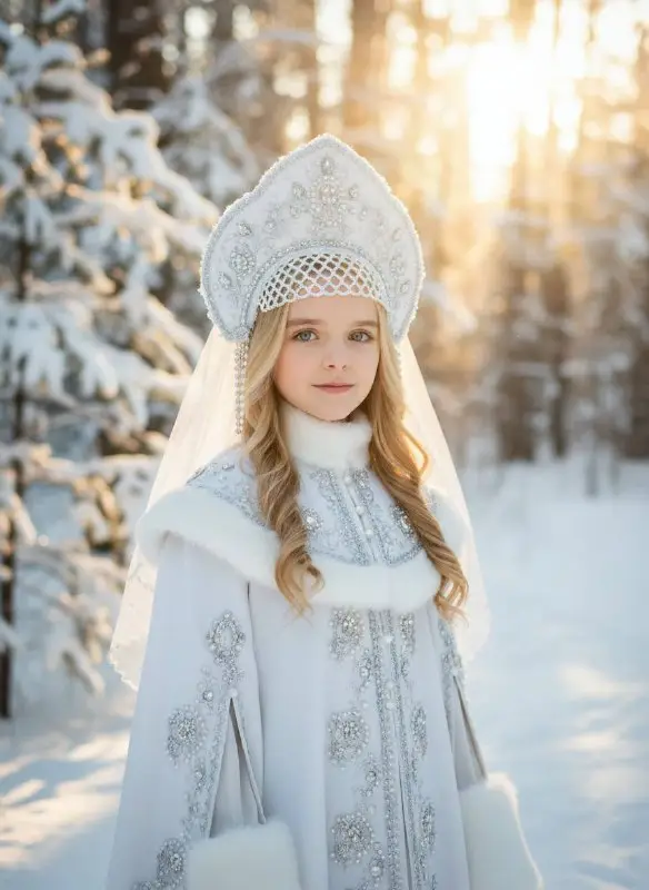 Young girl in traditional white snow maiden costume in winter forest