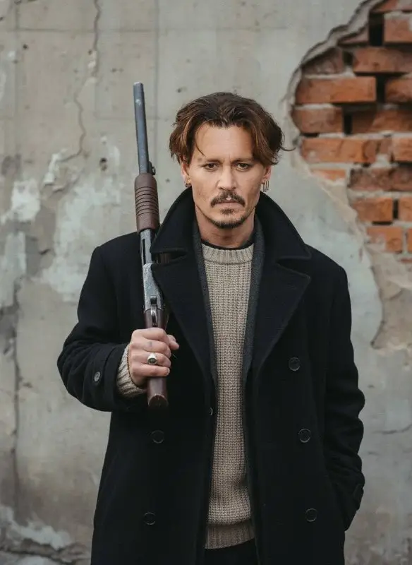 Rugged man in black coat holding shotgun against ruins