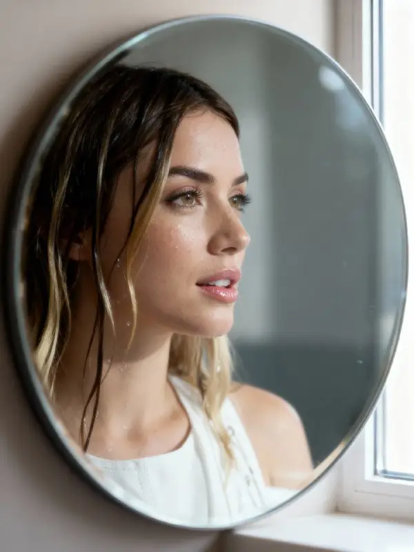 Reflection of a woman with wet hair in round mirror
