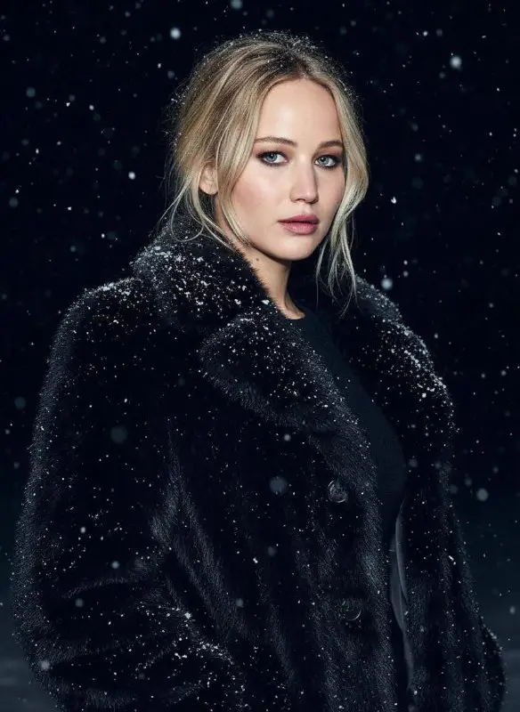 Blonde woman in black fur coat during winter snowfall