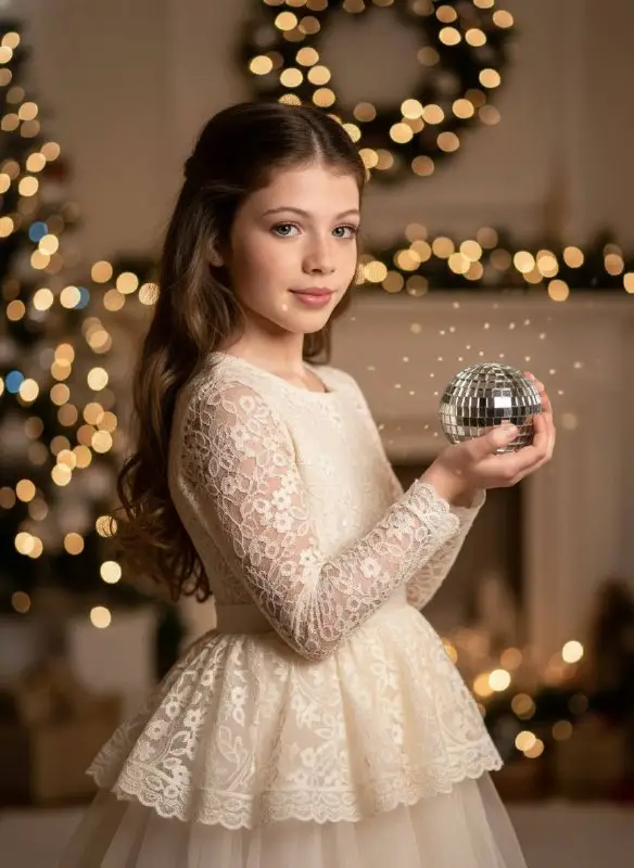 Young girl in white lace dress holding disco ball at Christmas