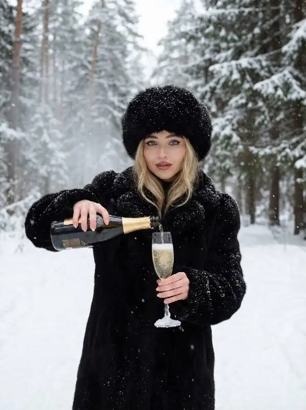 Woman in black fur coat pouring champagne in snowy forest