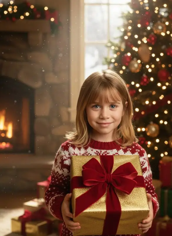 Young Girl Holding Christmas Gift by Fireplace and Tree