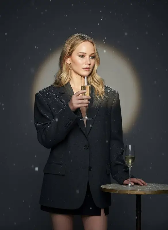 Elegant woman in oversized blazer with champagne in falling snow