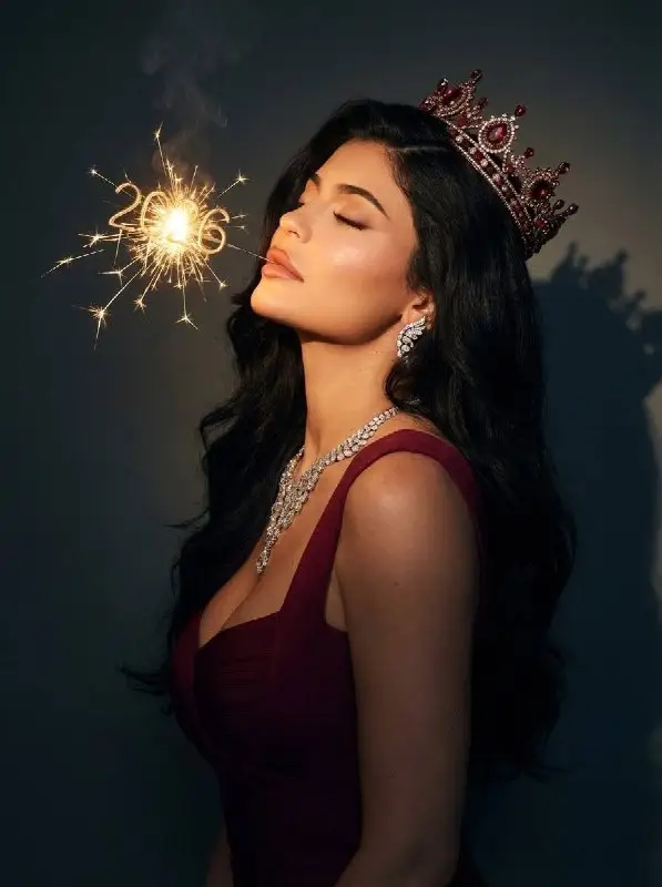 Elegant woman wearing a ruby crown holding a 2026 sparkler
