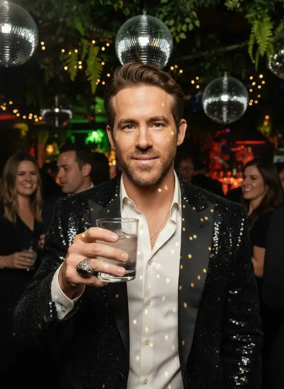 Stylish Man Wearing Sequined Blazer Holding Drink at Party