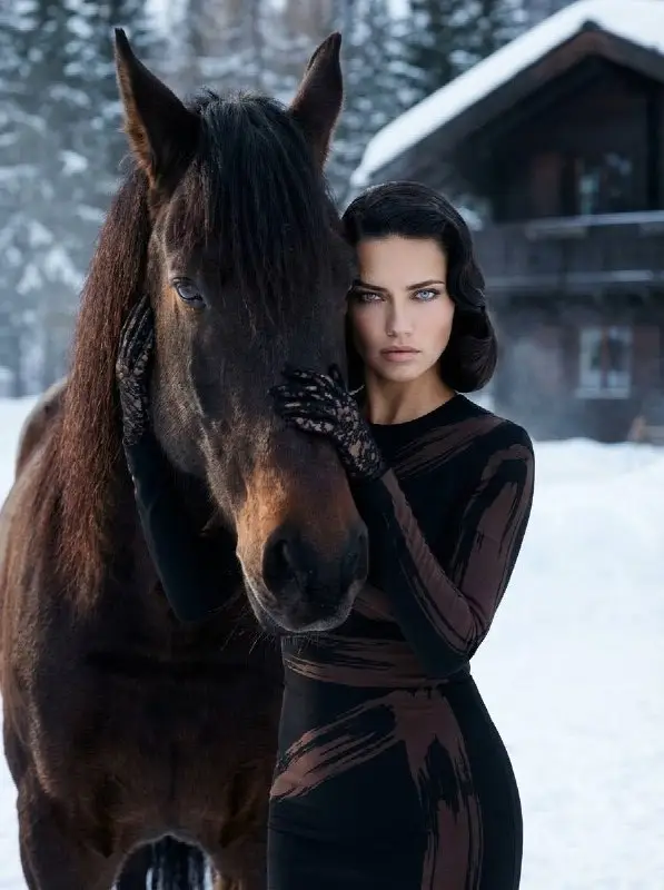 Elegant woman posing with a brown horse in winter snow