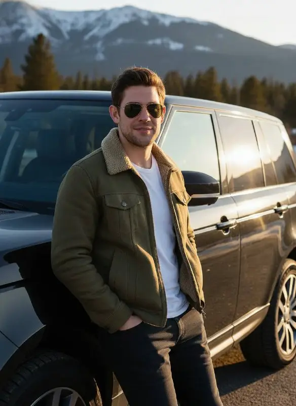 Man in Sunglasses Leaning Against Black SUV in Mountain Landscape
