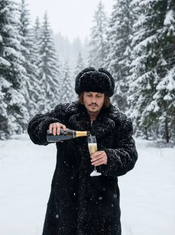 Man in black fur coat pouring champagne in snowy forest