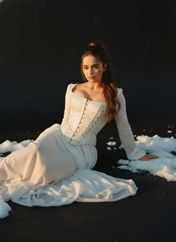 Woman in elegant white vintage corset dress sitting in snow