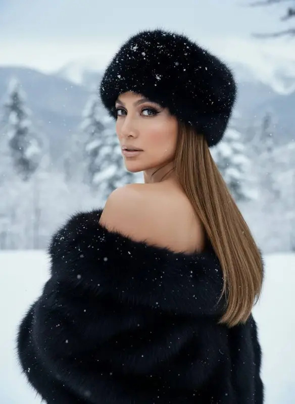 Elegant Woman in Black Fur Hat and Winter Snow Landscape