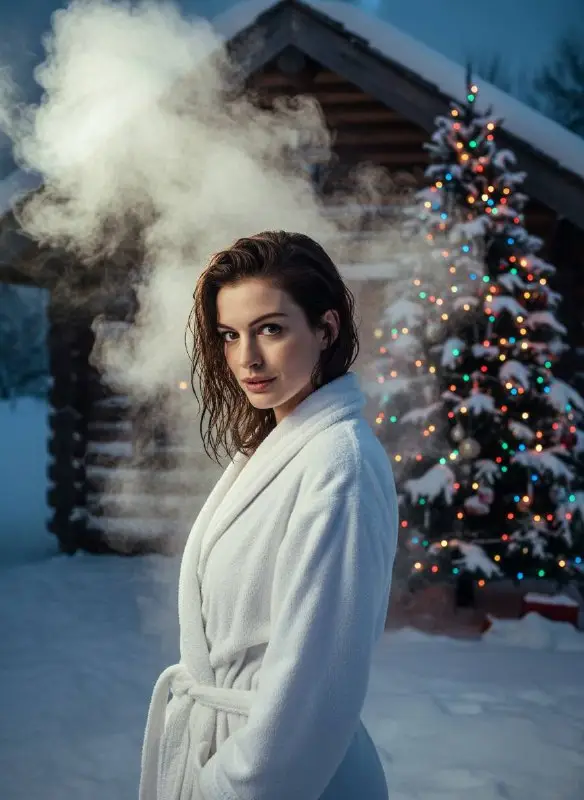 Woman in white bathrobe standing in snowy winter landscape