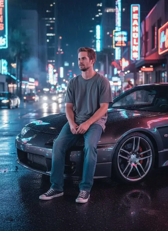 Cinematic portrait of man with sports car on rainy city street