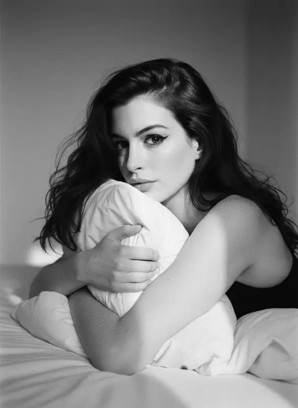 Intimate black and white portrait of woman hugging pillow in bed