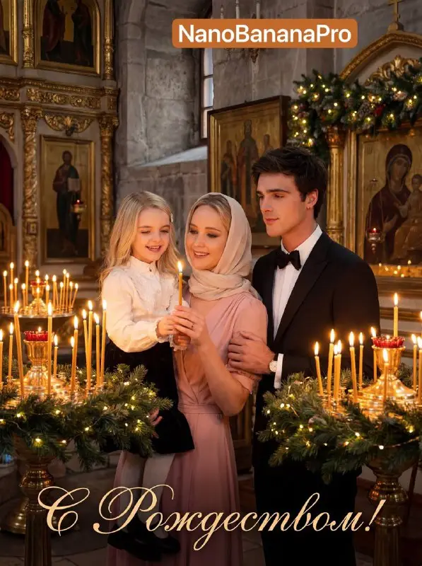 Family lighting candles in a traditional church for Christmas