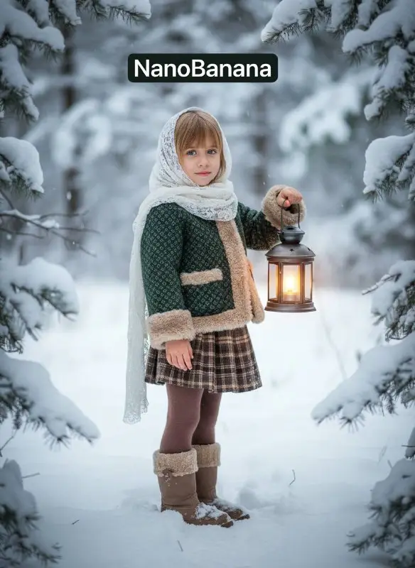 Young Girl Holding Lantern in Snowy Winter Forest