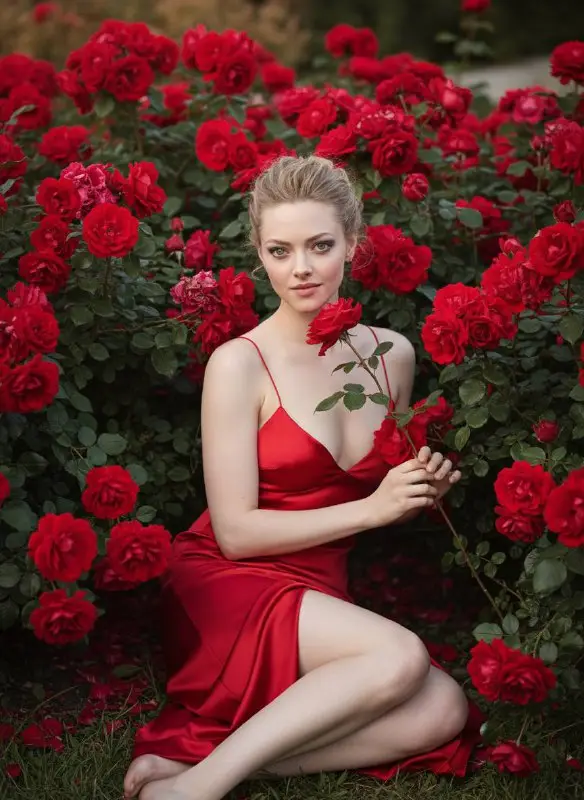 Beautiful blonde woman in red silk dress surrounded by red roses
