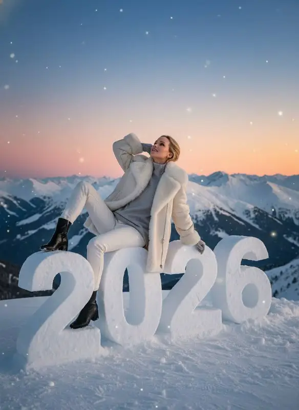 Woman sitting on 2026 snow numbers in mountain sunset