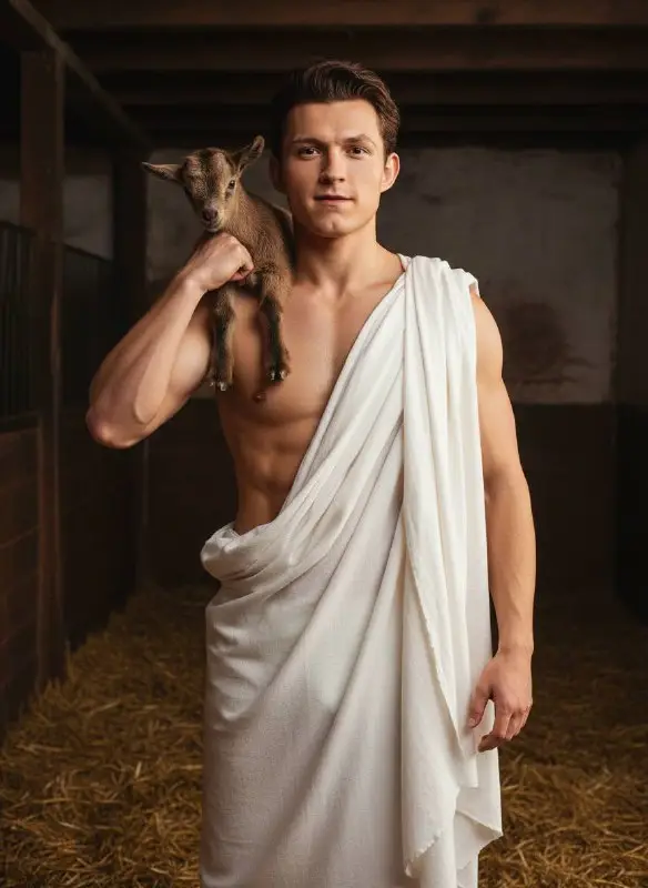 Athletic Young Man in White Toga Holding a Baby Goat