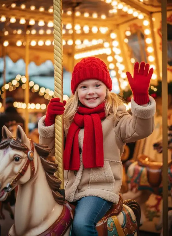 Happy Little Girl Riding a Carousel and Waving at Night