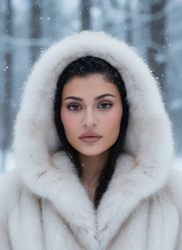 Elegant woman in white fur hood during winter snowfall