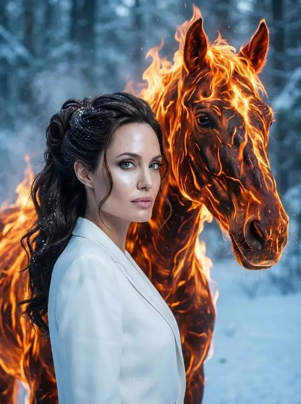 Beautiful woman standing with a majestic fire horse in snowy forest