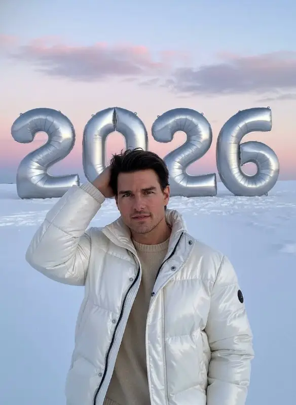 Man celebrating 2026 new year in snow with silver balloons
